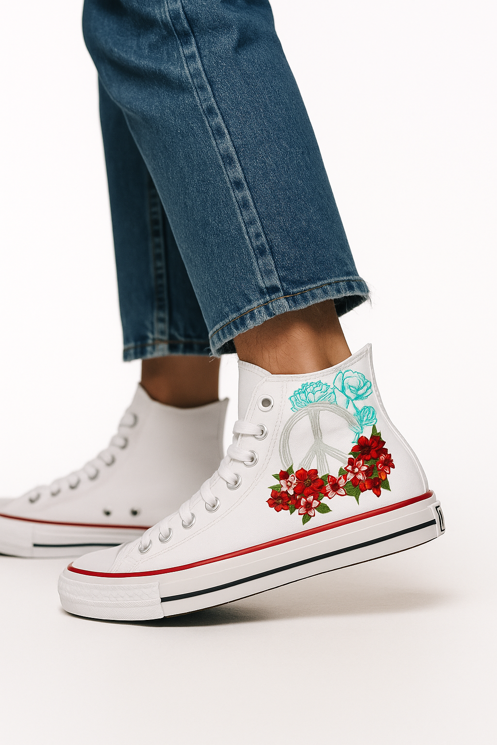 Floral Peace High-Top Canvas Sneakers – Custom Artistic Blossom Design for Everyday Style - Image 3