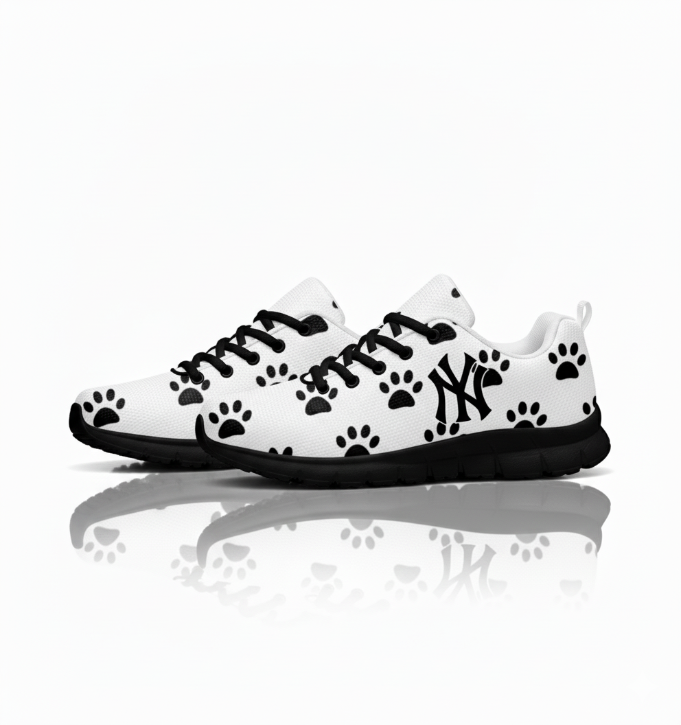 Paw Print Sneakers– White Lace-Up Casual Shoes with Black Paw Pattern - Image 4