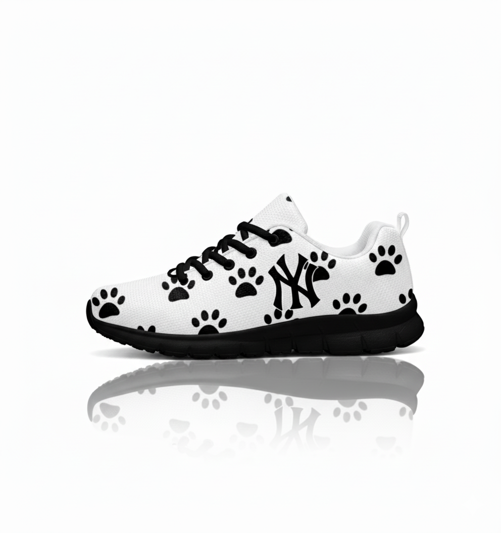 Paw Print Sneakers– White Lace-Up Casual Shoes with Black Paw Pattern - Image 3